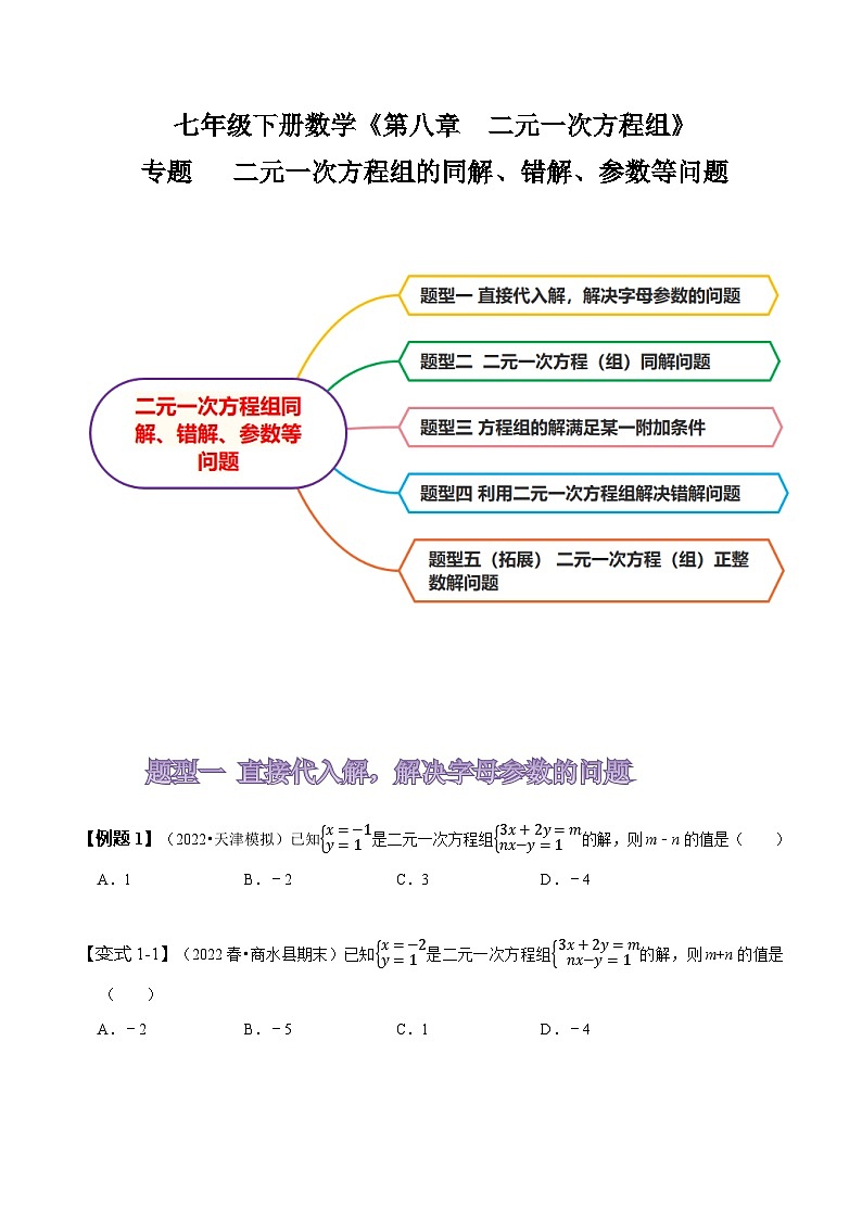 人教版七年级数学下册同步精讲精练专题二元一次方程组的同解、错解、参数等问题(原卷版+解析)01