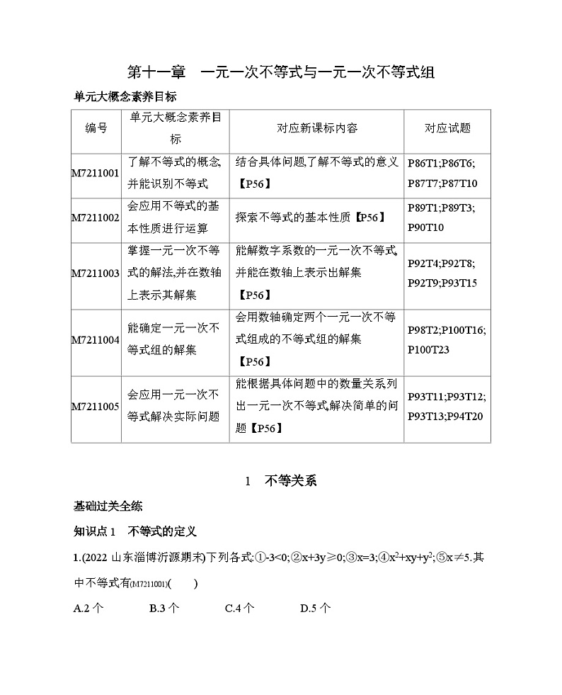 11.1　不等关系——2024年鲁教版数学七年级下册精品同步练习01
