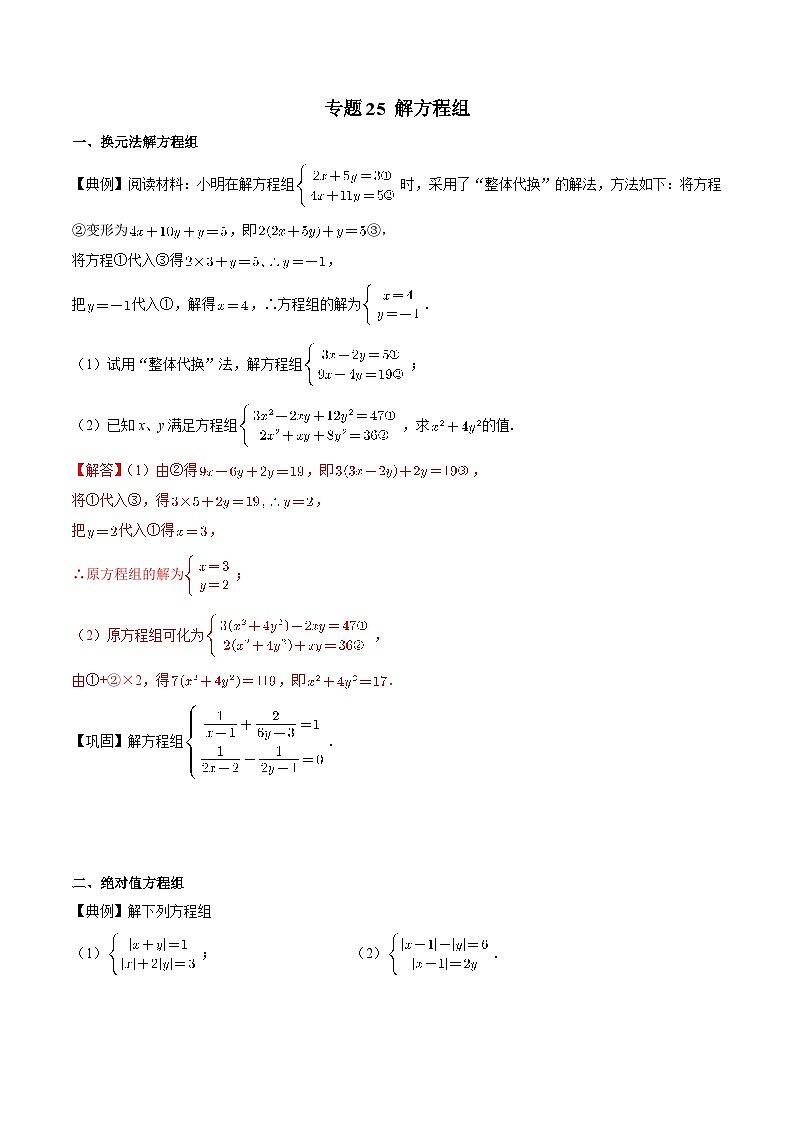 专题25 解方程组-备战2024年中考数学优生冲刺抢分试题精选（全国通用）01