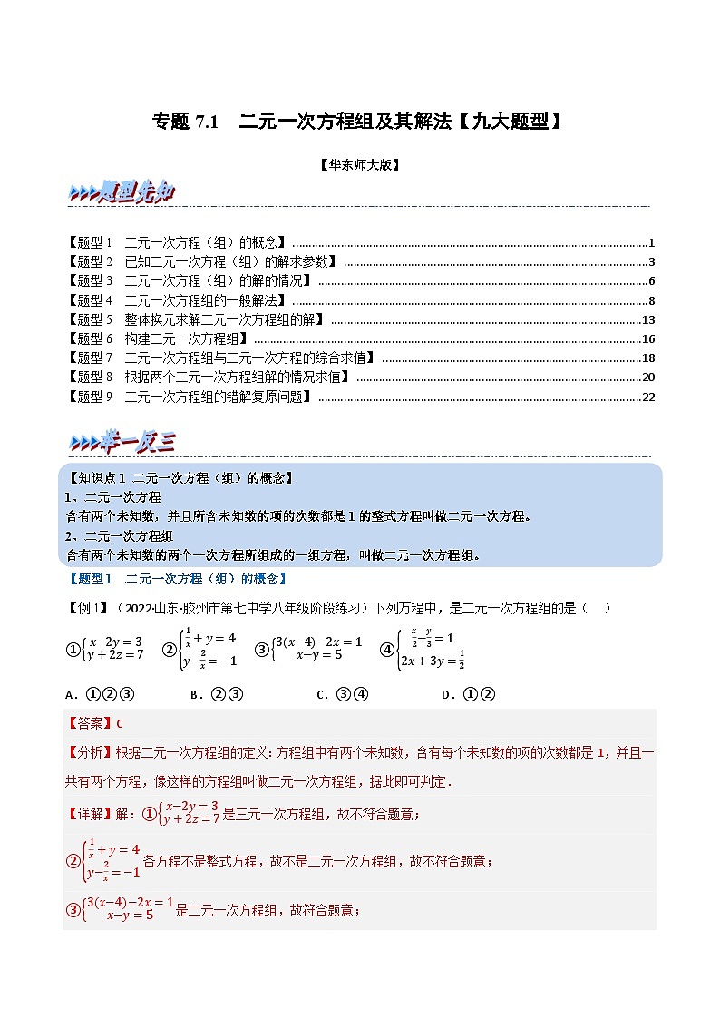 专题7.1 二元一次方程组及其解法（举一反三）（华东师大版）（解析版）第1页