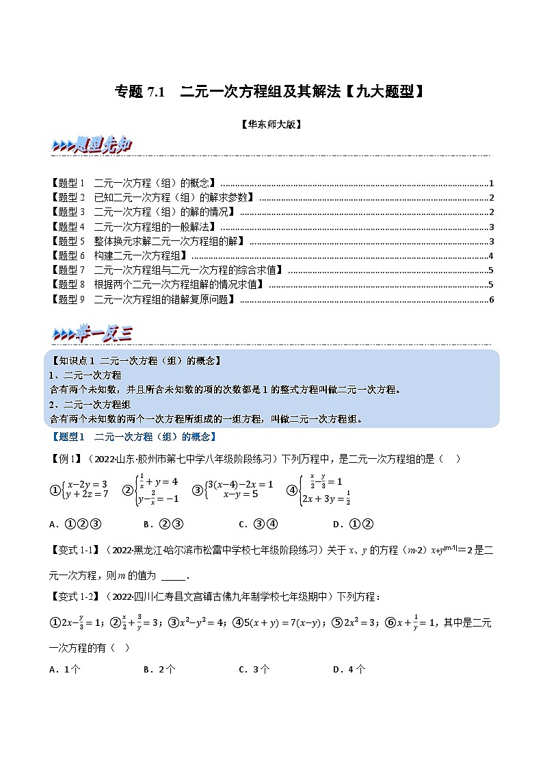 专题7.1 二元一次方程组及其解法（举一反三）（华东师大版）（原卷版）第1页