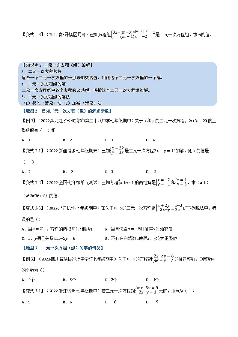 专题7.1 二元一次方程组及其解法（举一反三）（华东师大版）（原卷版）第2页