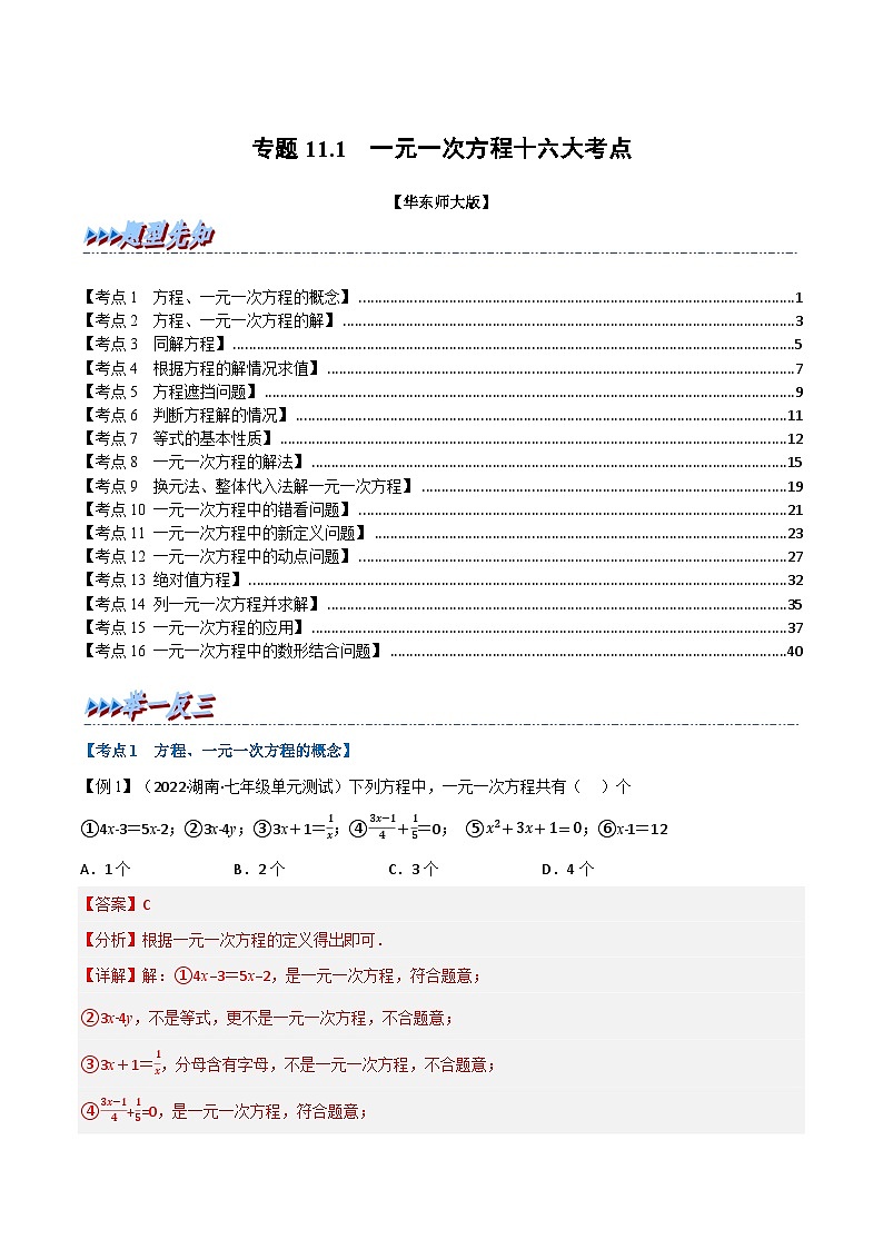 专题11.1 期中期末专项复习之一元一次方程十六大必考点-2023-2024学年七年级数学下册讲练测（华东师大版）01