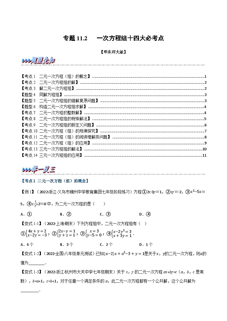 专题11.2 期中期末专项复习之一次方程组十四大必考点-2023-2024学年七年级数学下册讲练测（华东师大版）01