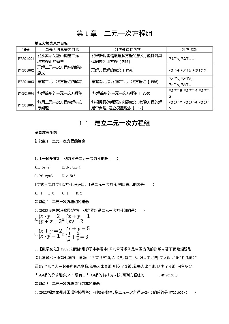 1.1　建立二元一次方程组——2024年湘教版数学七年级下册精品同步练习01