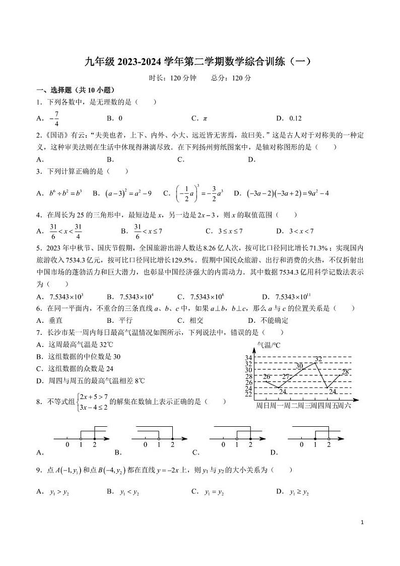 2023-2024长沙市一中双语实验学校九下入学考试数学试卷第1页