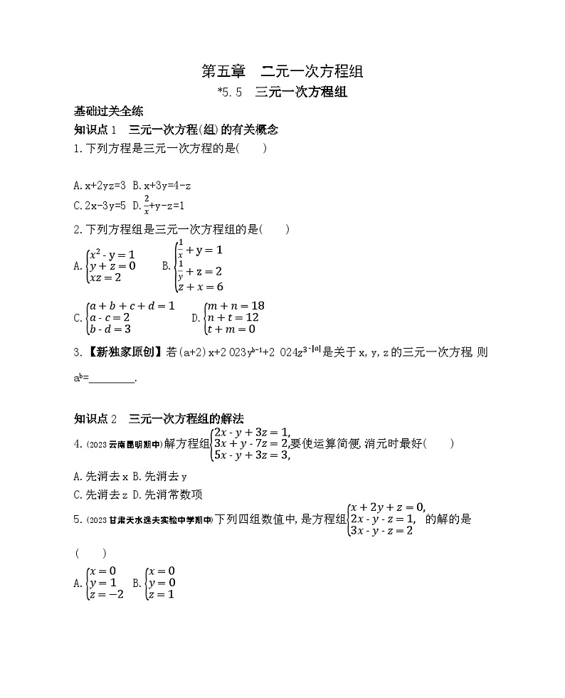 5.5　三元一次方程组——2024年北京课改版数学七年级下册精品同步练习01