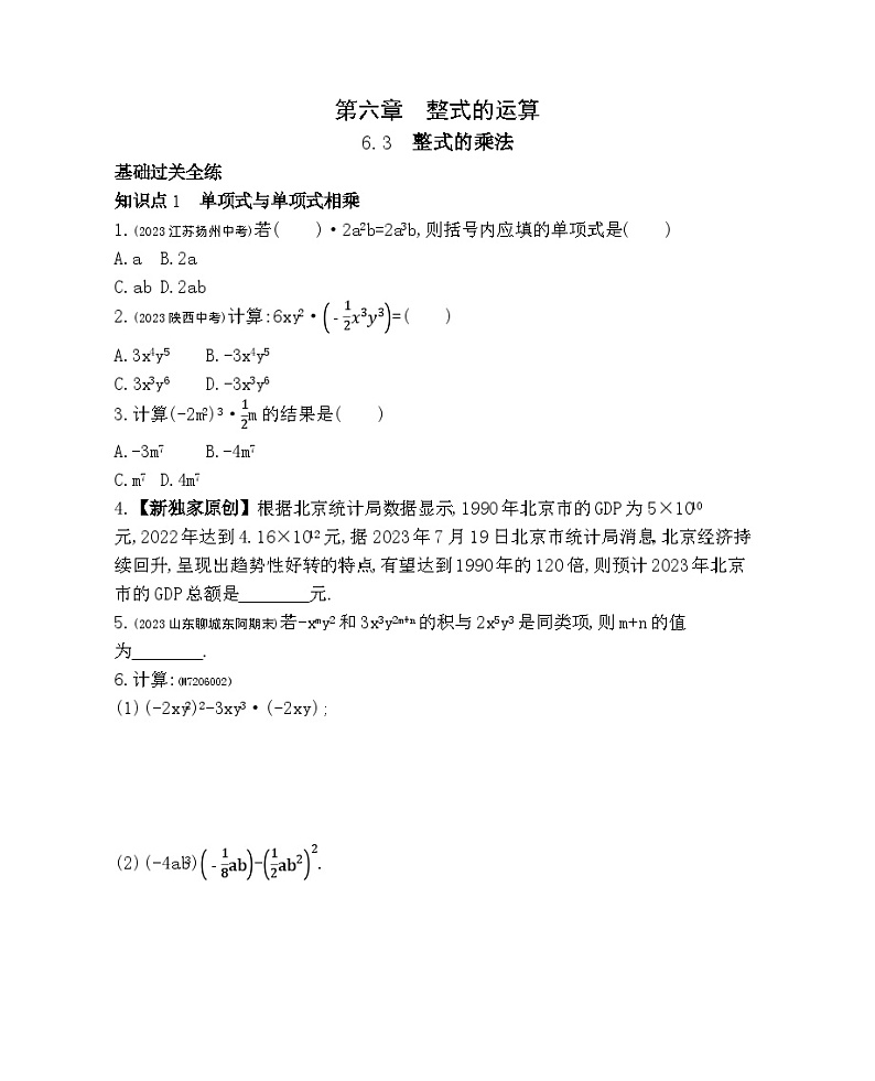 6.3　整式的乘法——2024年北京课改版数学七年级下册精品同步练习01