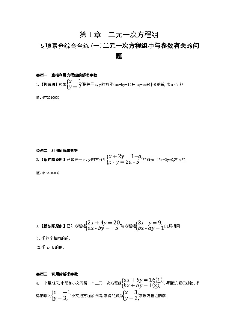 01-专项素养综合全练(一)二元一次方程组中与参数有关的问题——2024年湘教版数学七年级下册精品同步练习01