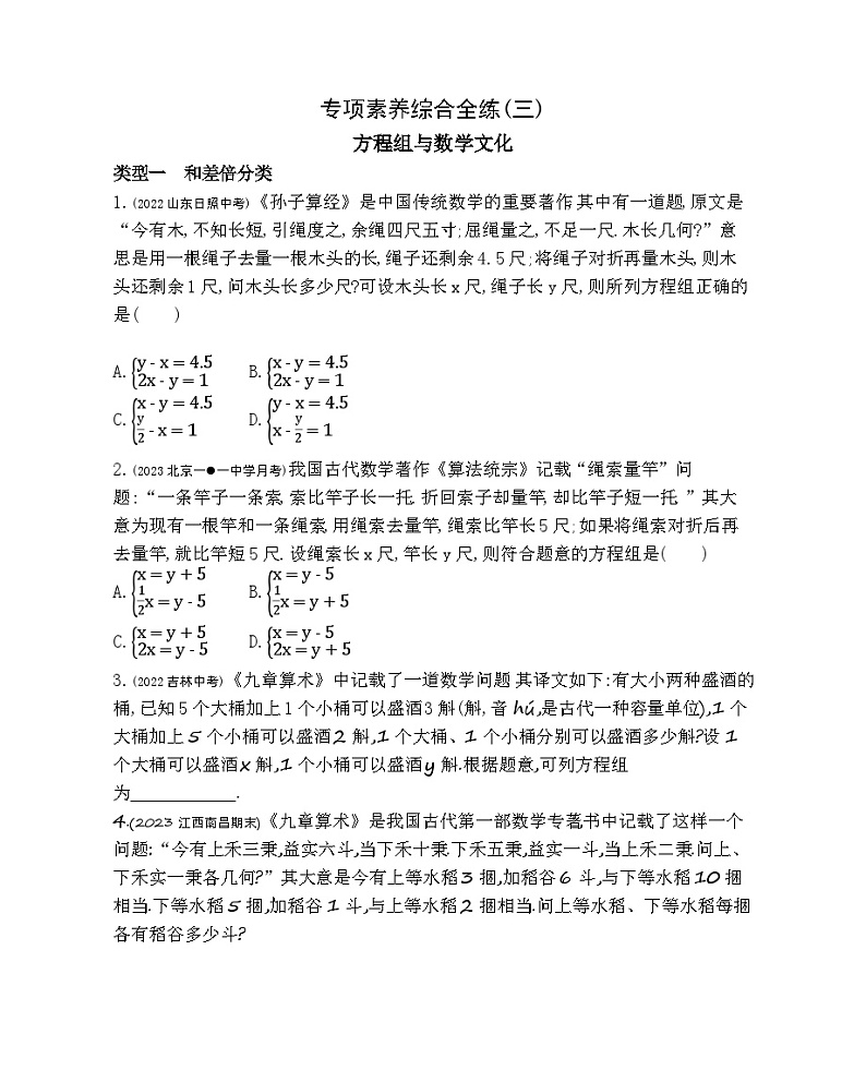 03-专项素养综合全练(三)方程组与数学文化——2024年北京课改版数学七年级下册精品同步练习第1页