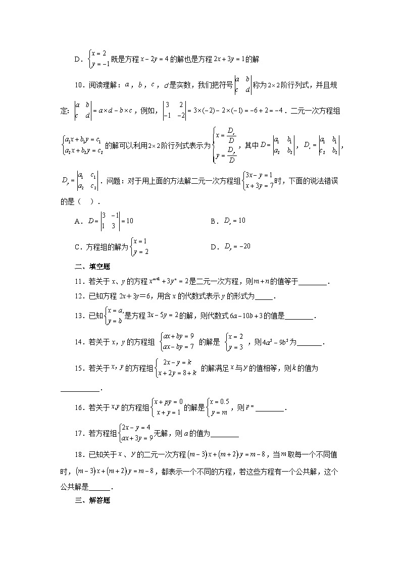 2.3 二元一次方程(组) 浙教版数学七年级下册基础知识讲与练巩固篇(含答案)第2页