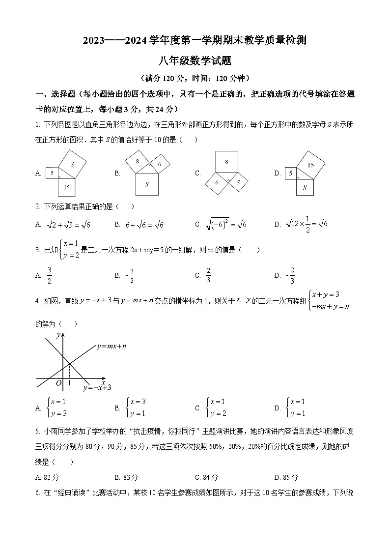 山东省菏泽市郓城县2023-2024学年八年级上学期期末考试数学试题（原卷版+解析版）01