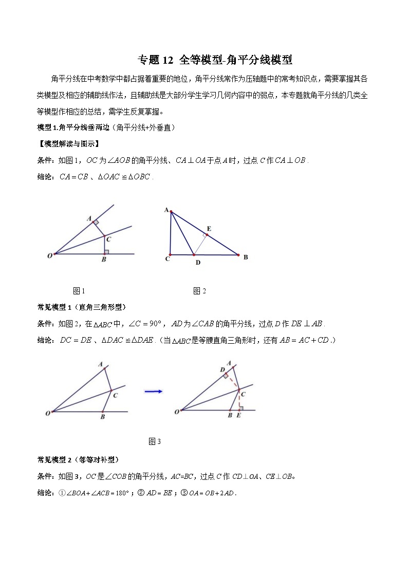 中考数学二轮复习几何模型归纳讲练专题12 全等模型-角平分线模型（2份打包，原卷版+教师版）01