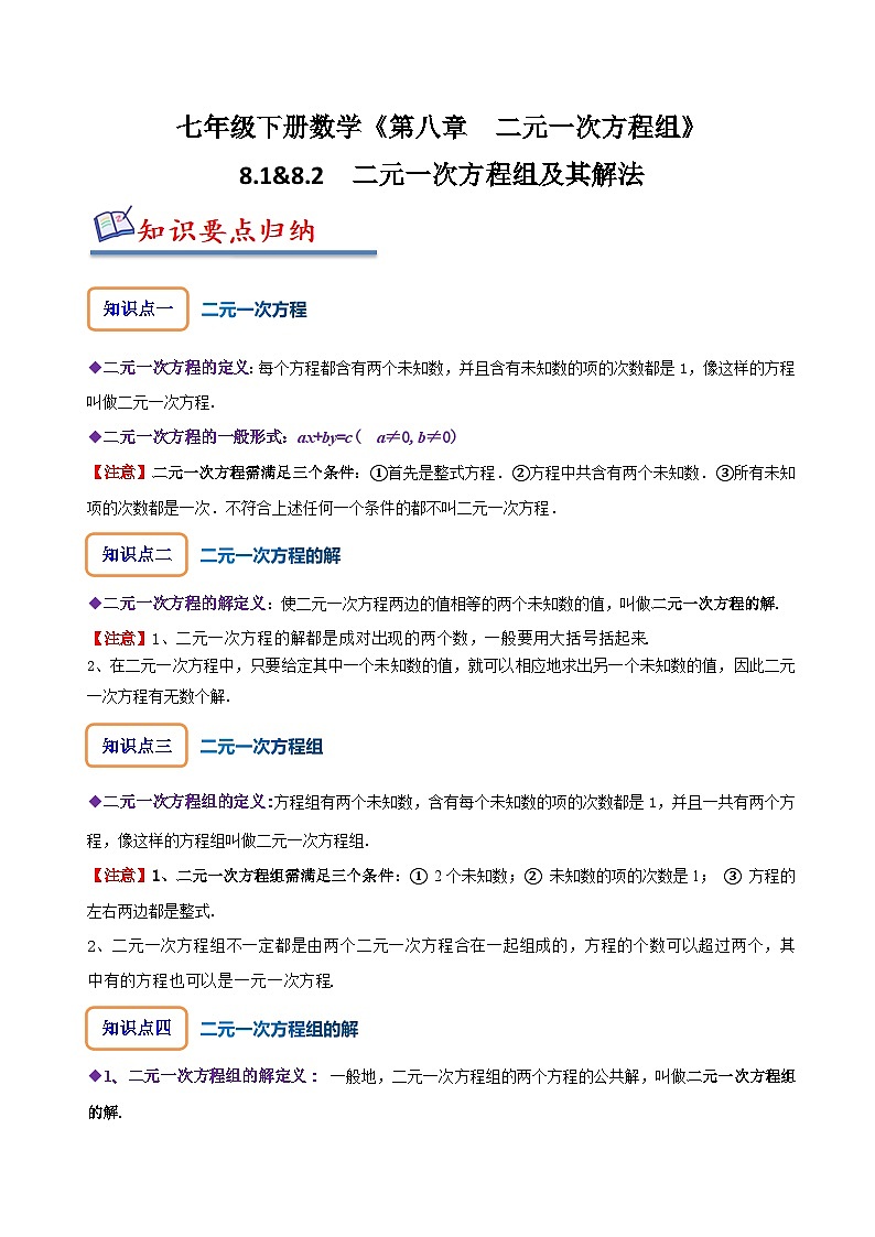 人教版七年级数学下册同步精讲精练8.1&8.2二元一次方程组及其解法(原卷版+解析)01