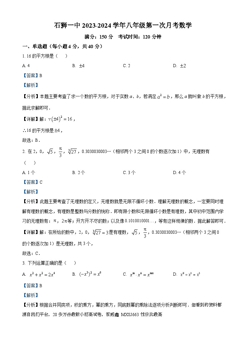 福建省泉州市石狮第一中学2023-2024学年八年级上学期第一次月考数学试题01