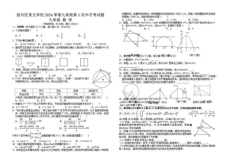 四川省宜宾市叙州区龙文学校2023-2024学年九年级下学期第1次半月考试数学试卷01
