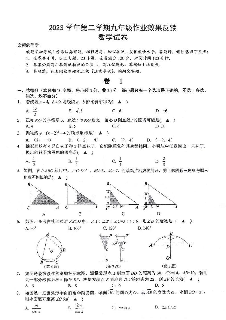 浙江省温州南浦实验中学2023--2024学年九年级下学期开学考试数学试卷01