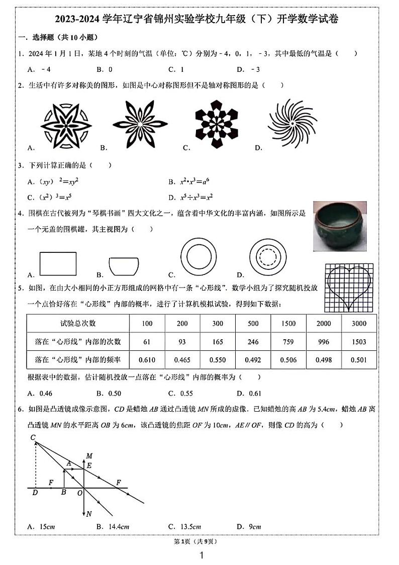 2024辽宁锦州市实验学校九年级开学考试数学试卷第1页