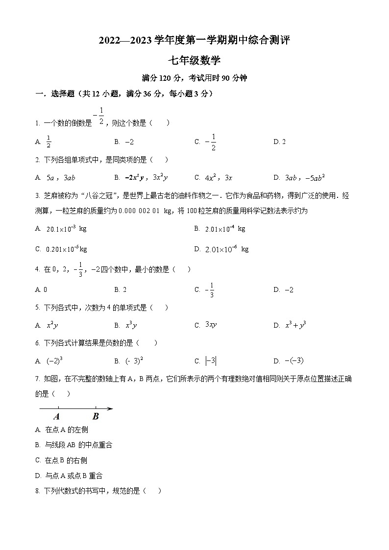 广西河池市天峨县2022-2023学年七年级上学期期中数学试题（原卷版+解析版）01