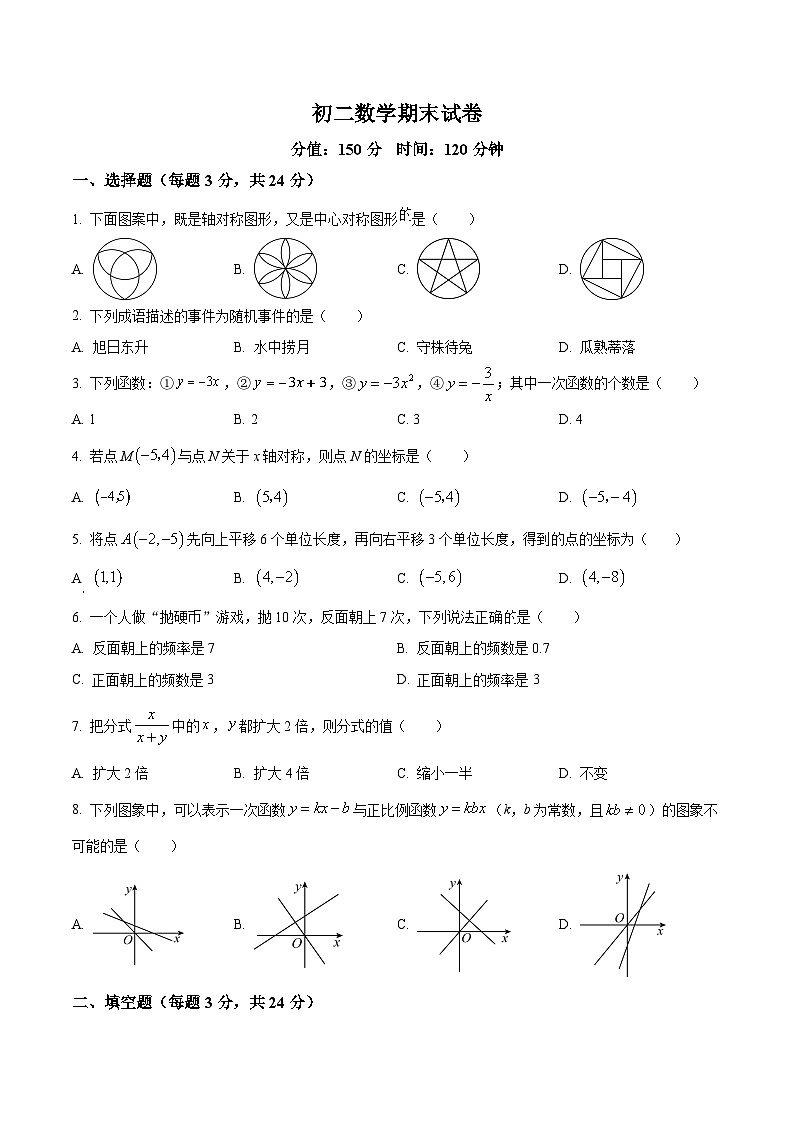 精品解析：江苏省盐城市射阳县2022-2023学年八年级上学期期末数学试题（原卷版）第1页