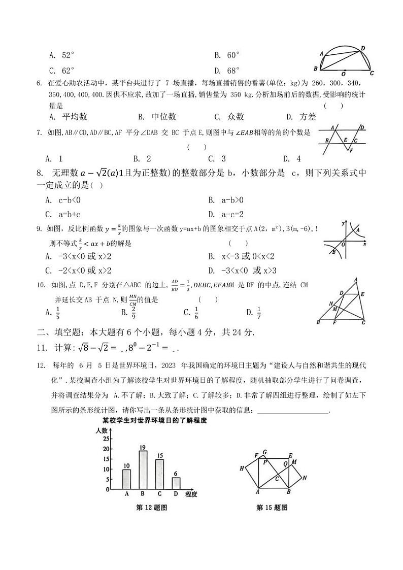 2024年浙江省部分学校九年级中考一模考试数学试题02
