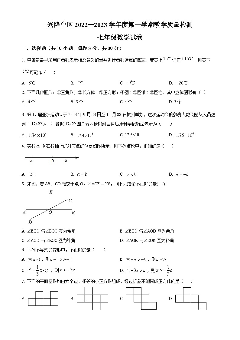 精品解析：辽宁省盘锦市兴隆台区第一完全中学2022-2023学年七年级上学期期末数学试题（原卷版）第1页