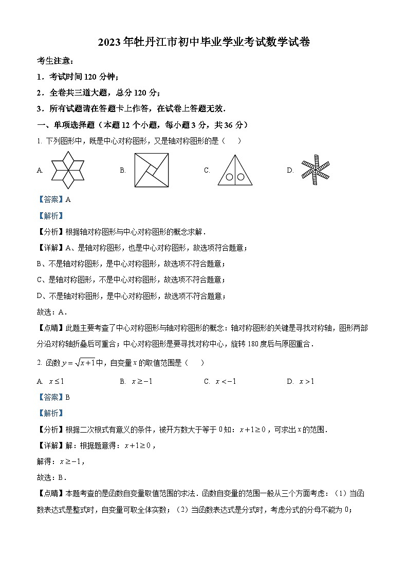 2023年黑龙江省牡丹江市中考数学真题（含解析）01