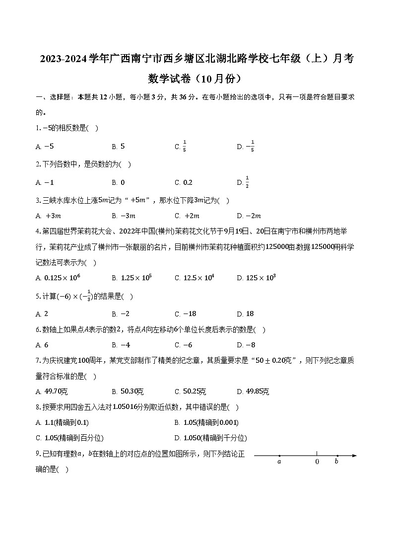 2023-2024学年广西南宁市西乡塘区北湖北路学校七年级（上）月考数学试卷（10月份）（含解析）01