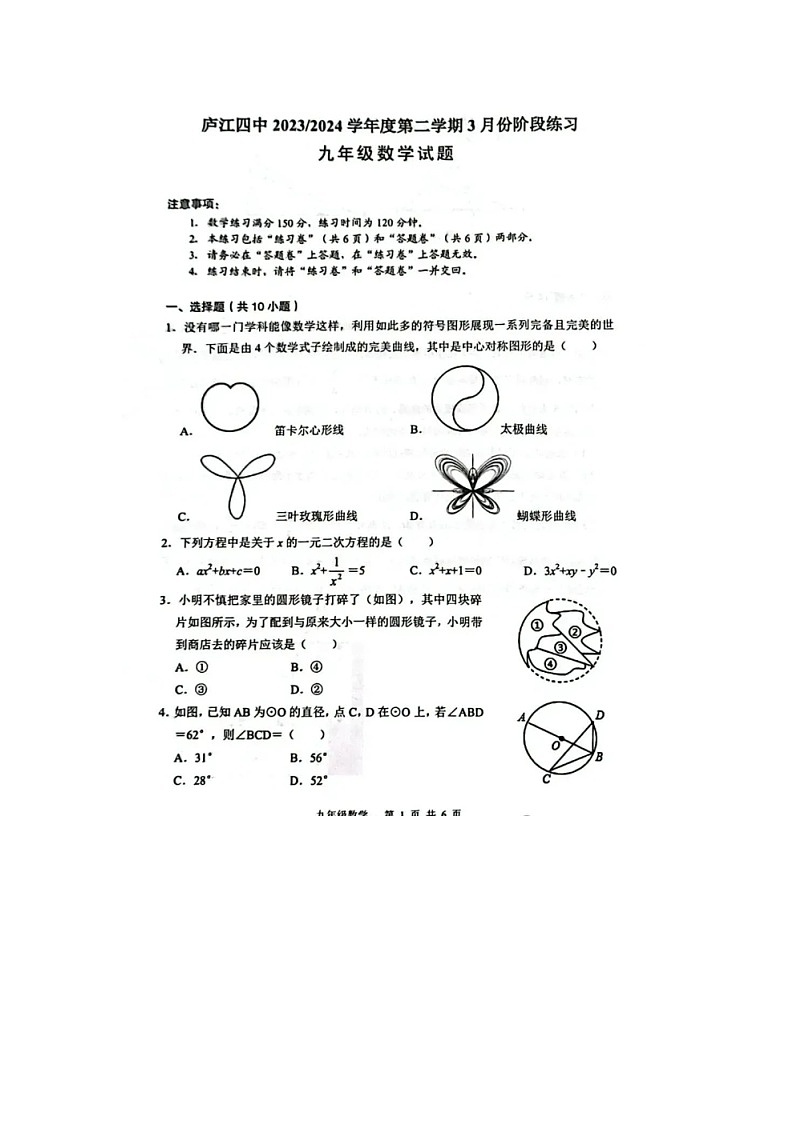 2024年安徽省合肥市庐江县一模数学试卷及答案 -第1页