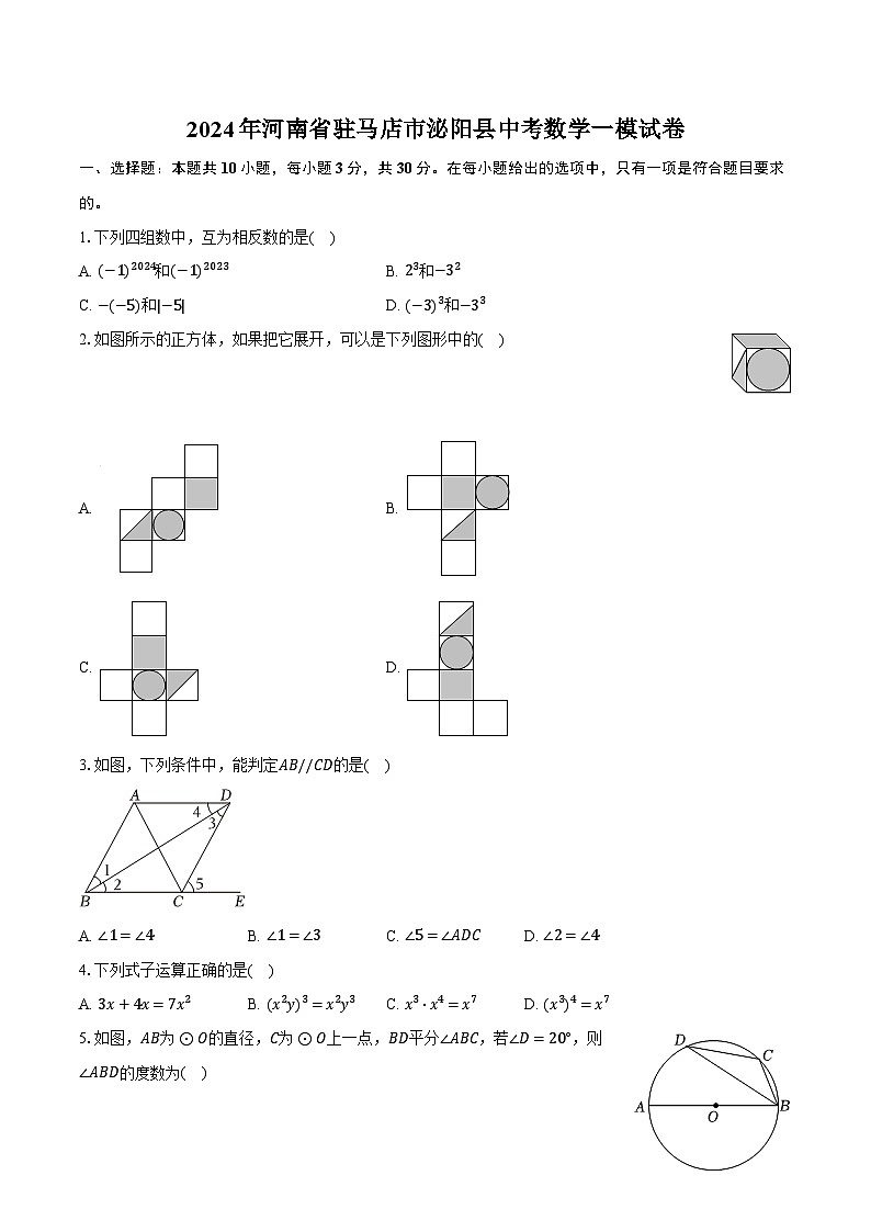 2024年河南省驻马店市泌阳县中考数学一模试卷（含解析）01
