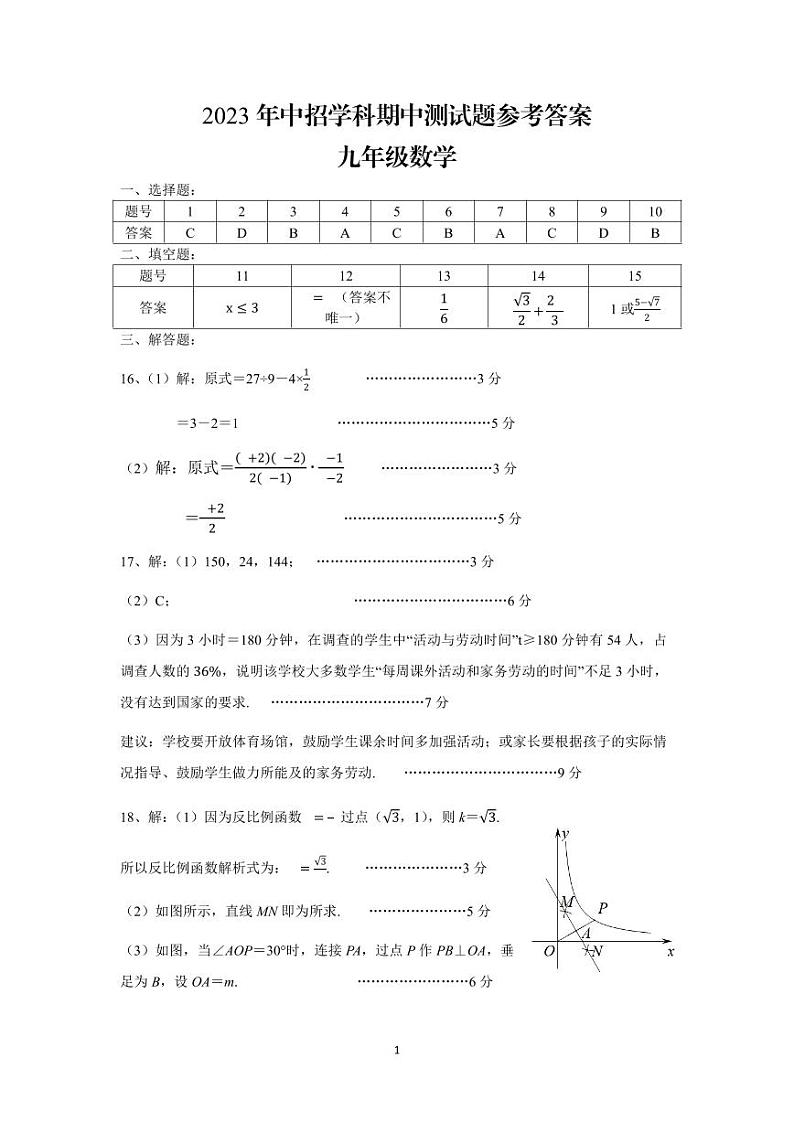 平顶山2023中招一模数学答案第1页