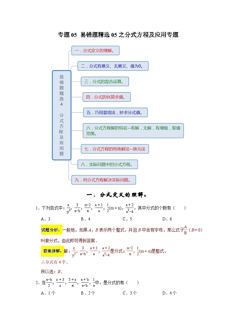 专题05 易错题精选05之分式方程及应用专题-2023-2024学年八年级数学下学期期末复习培优拔高（苏科版）01