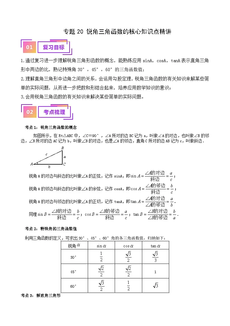 专题20 锐角三角函数的核心知识点精讲-备战2024年中考数学一轮复习考点帮（教师版）第1页