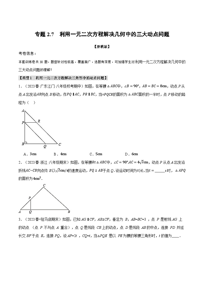 专题2.7 利用一元二次方程解决几何中的三大动点问题-2023-2024学年八年级数学下册各单元的重点题型+章末检测（浙教版）01