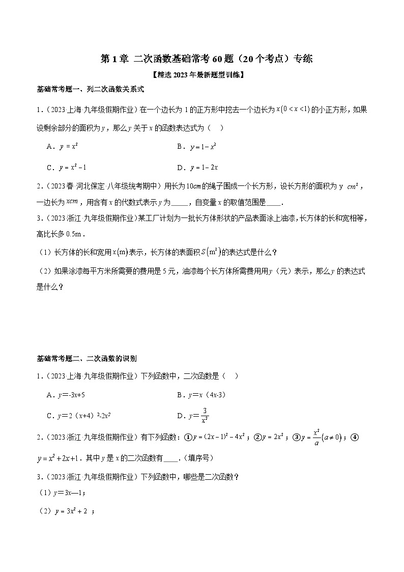 第1章 二次函数 基础常考60题（20个考点）专练-2023-2024学年九年级数学上册重难点高分突破（浙教版）01