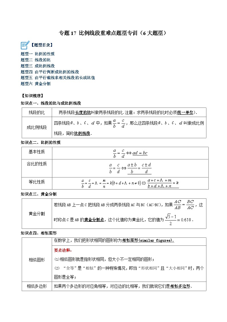 专题17 比例线段重难点题型专训（6大题型）-2023-2024学年九年级数学上册重难点高分突破（浙教版）01