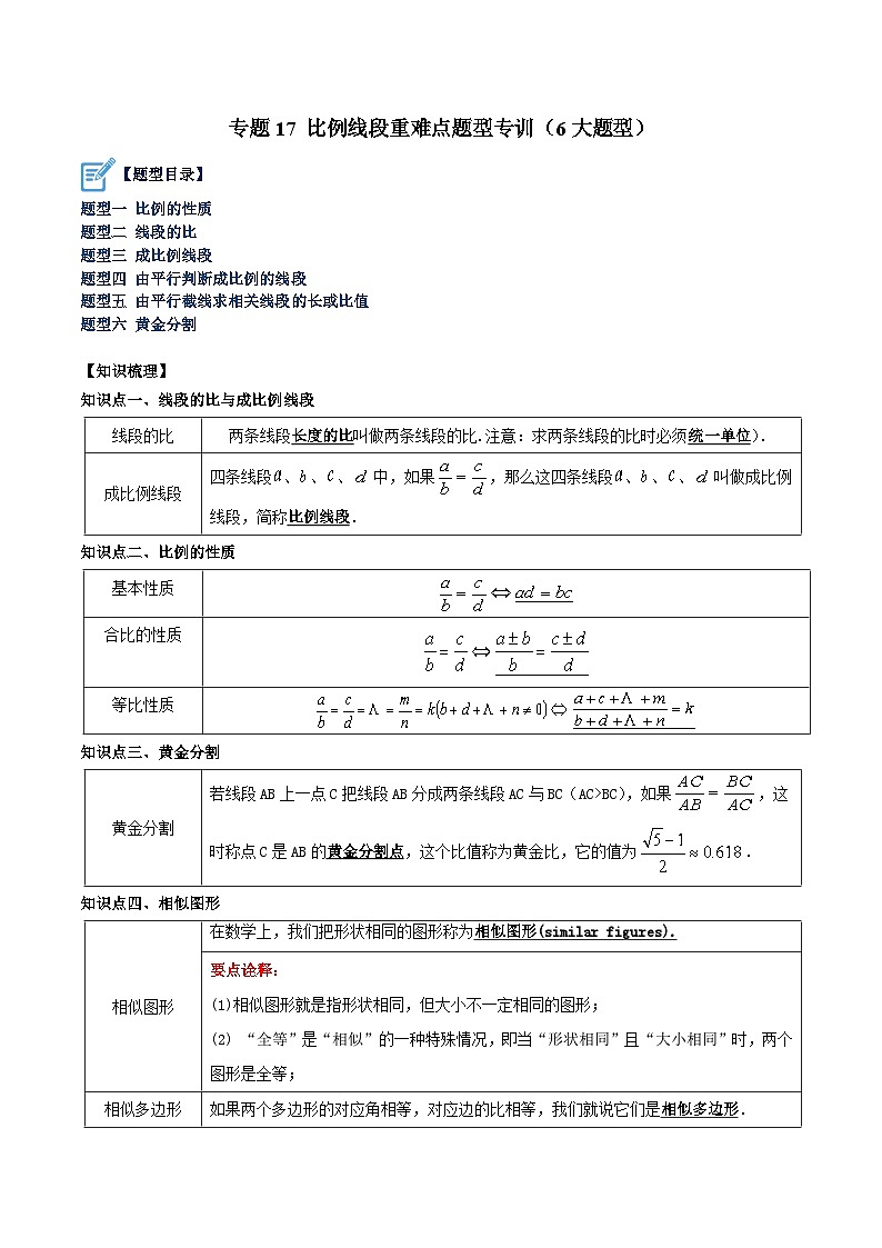 专题17 比例线段重难点题型专训（6大题型）-2023-2024学年九年级数学上册重难点高分突破（浙教版）01