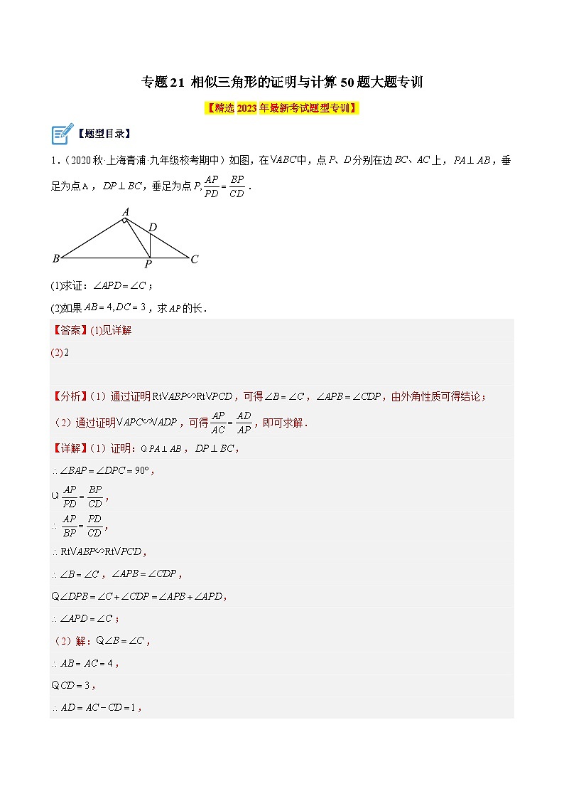 专题21 相似三角形的证明与计算50道大题专训-2023-2024学年九年级数学上册重难点高分突破（浙教版）01