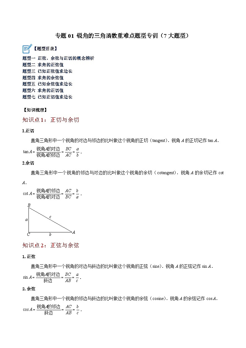 专题01 锐角的三角函数重难点题型专训（7大题型）（原卷版）第1页