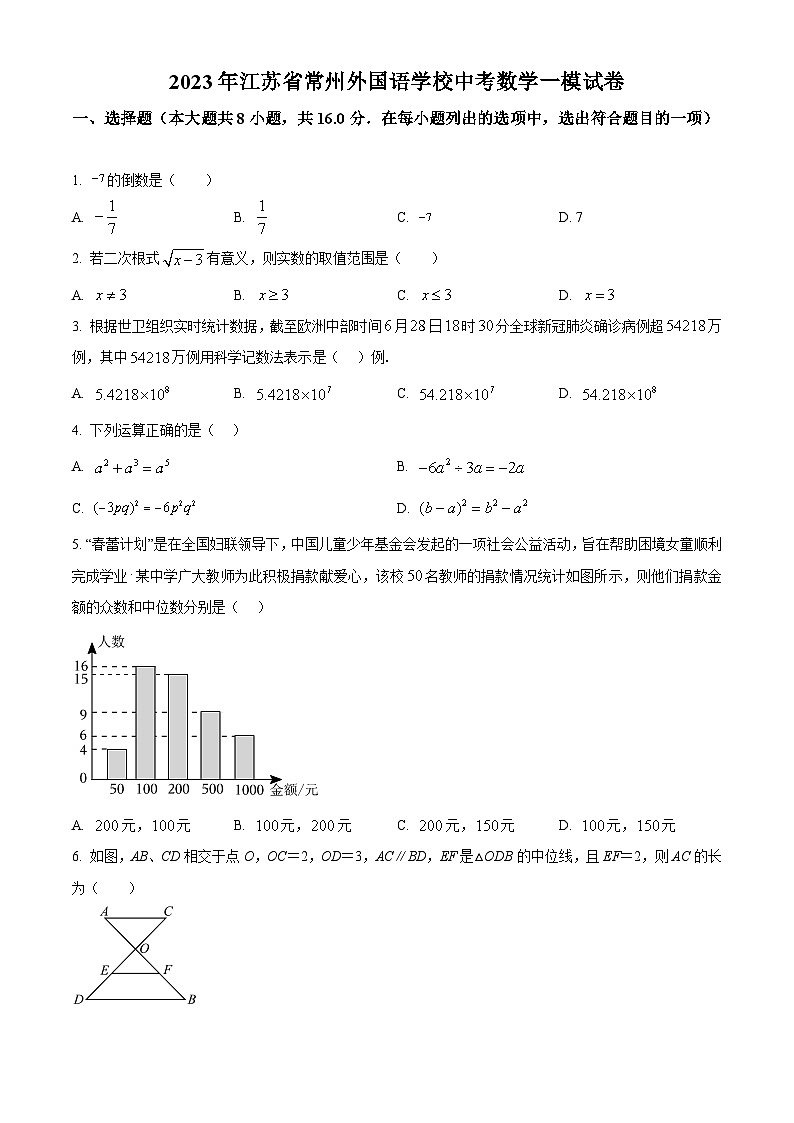 2023年江苏省常州外国语学校中考数学一模模拟试题（原卷版+解析版）01