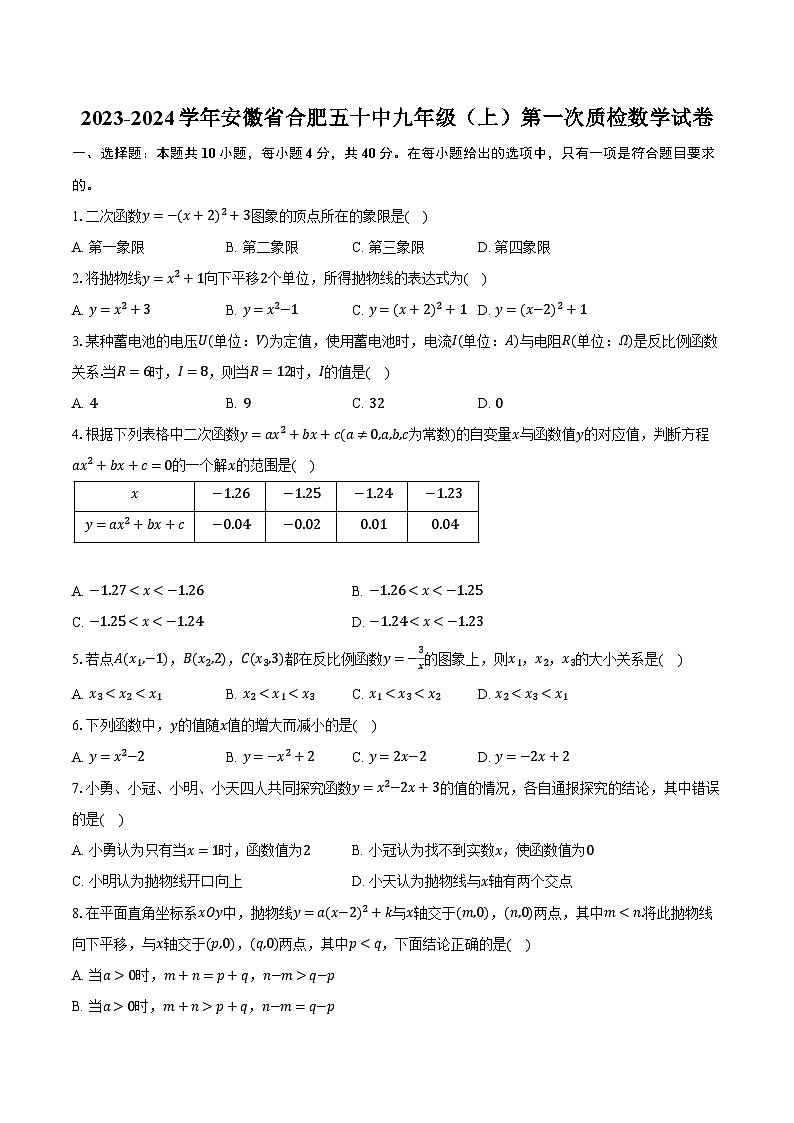 2023-2024学年安徽省合肥五十中九年级（上）第一次质检数学试卷（含解析）第1页