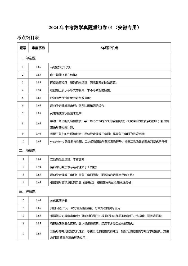 2024年中考数学真题重组卷1（安徽专用）01