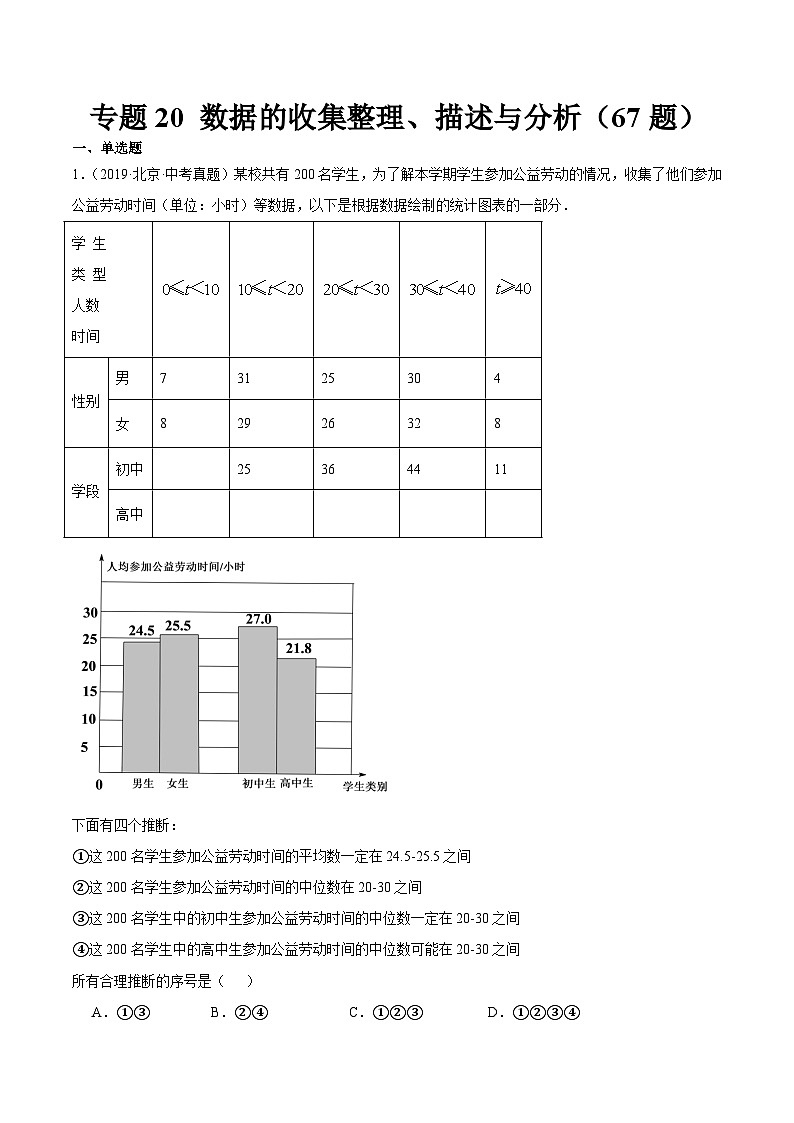 专题20 数据的收集整理、描述与分析（共67题）-学易金卷：5年（2019-2023）中考1年模拟数学真题分项汇编（北京专用）01