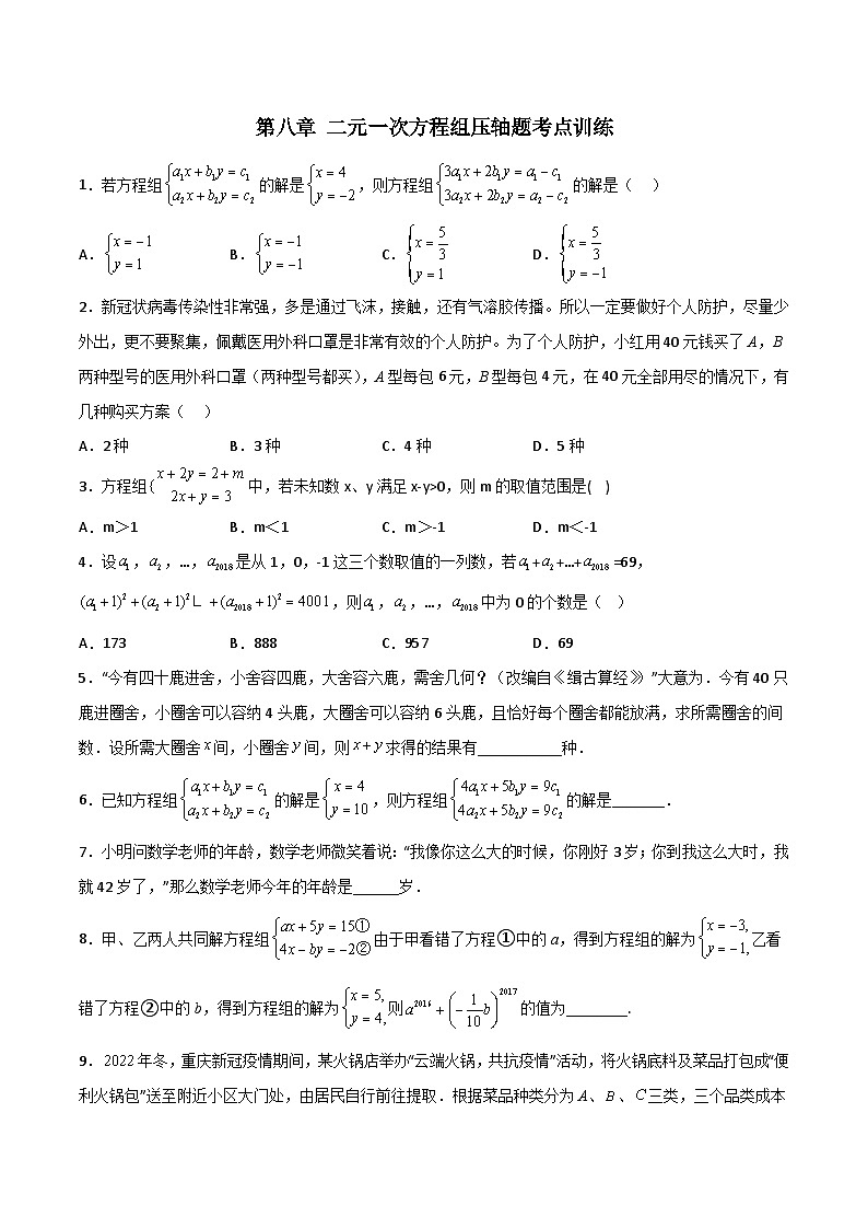 人教版七年级数学下册  第八章二元一次方程组压轴题考点训练(原卷版+解析)第1页