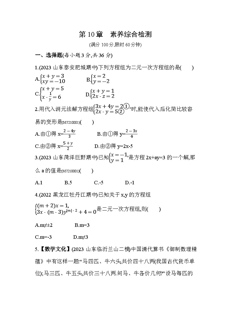 第10章　一次方程组综合检测--2024年青岛版数学七年级下册精品同步练习01