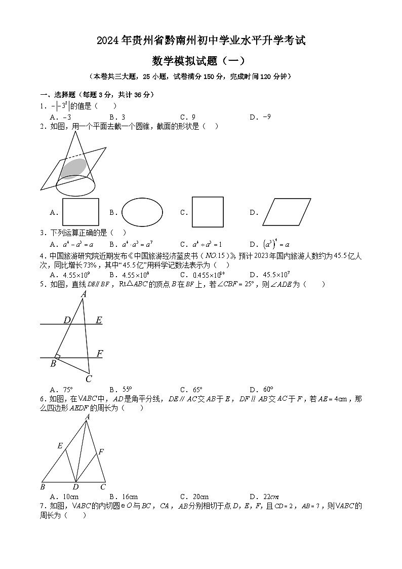 2024年贵州省黔南州中考数学模拟试题（一）01
