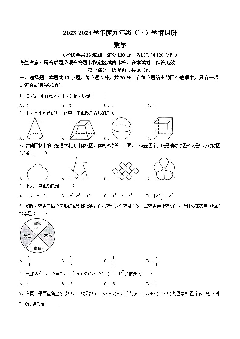 辽宁省沈阳市皇姑区2023-2024学年九年级下学期学情调研数学试题(无答案)第1页