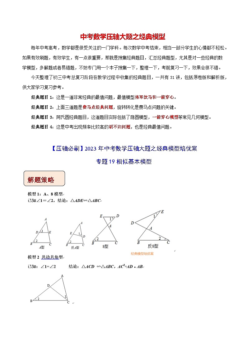 最新中考数学压轴大题之经典模型 专题19 相似基本模型-【压轴必刷】01