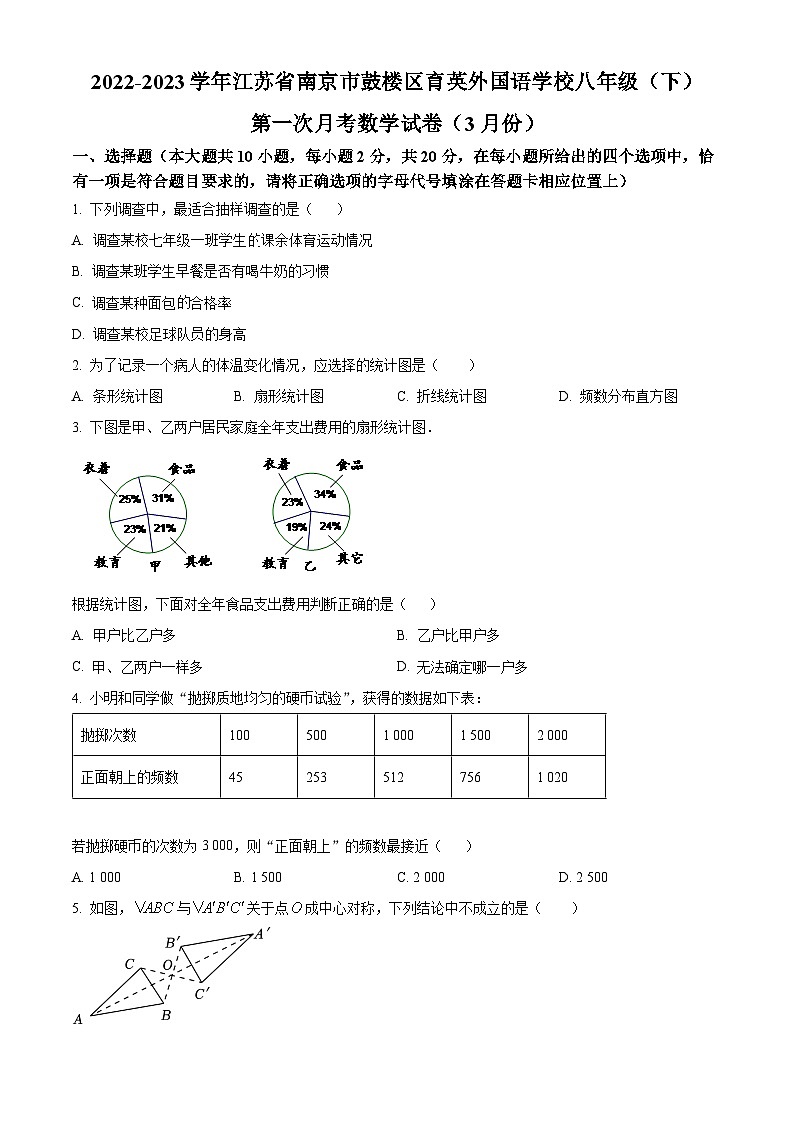 江苏省南京市鼓楼区育英外国语学校2022-2023学年八年级下学期第一次月考八年级数学试题（3月份）（原卷版+解析版）01