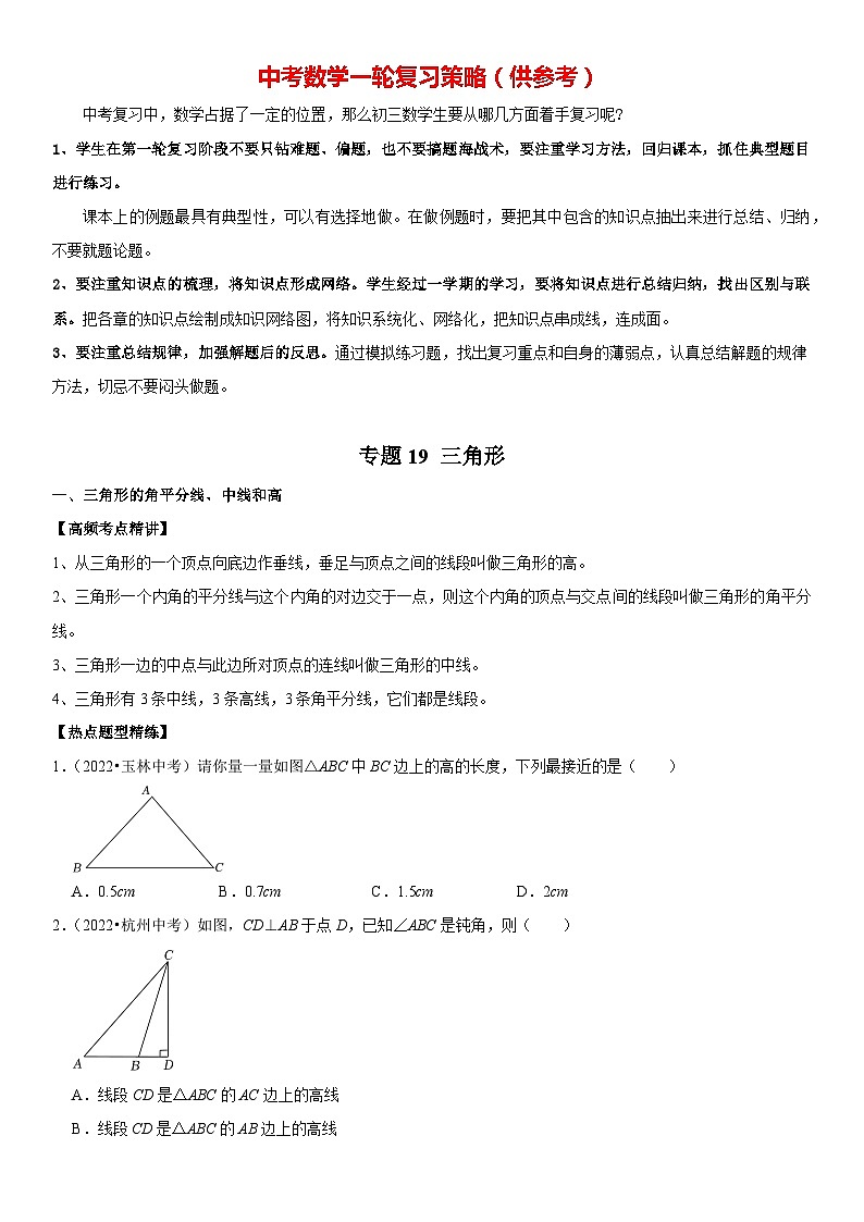 专题19 三角形（原卷版）-2023年中考数学一轮复习高频考点精讲精练（全国通用）第1页